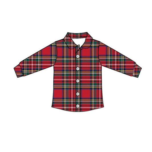 (Custom Design Preorder MOQ 5)Red Plaid Print Boys Christmas Buttons Tee Shirts Top