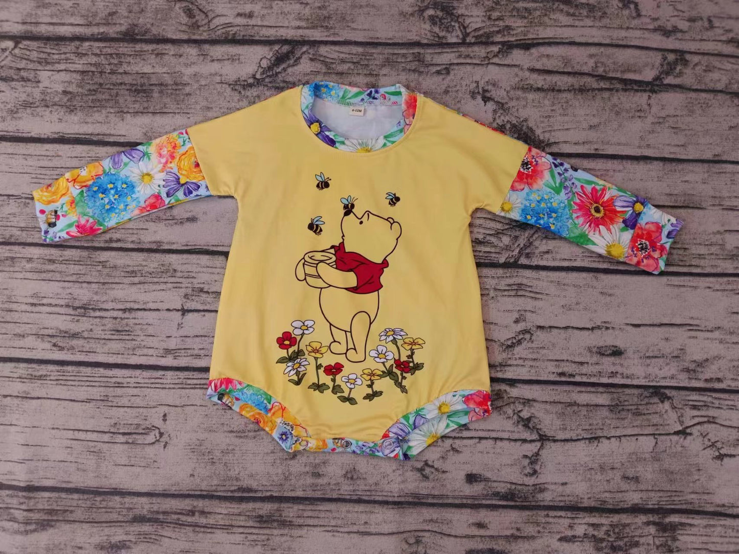 (Custom Design Preorder MOQ 5) Yellow Cute Cartoon Bear Print Baby Girls Romper