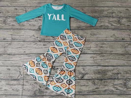 (Custom Design Preorder MOQ 5) Y'all Aztec Print Girls Bell Pants Western Clothes Set