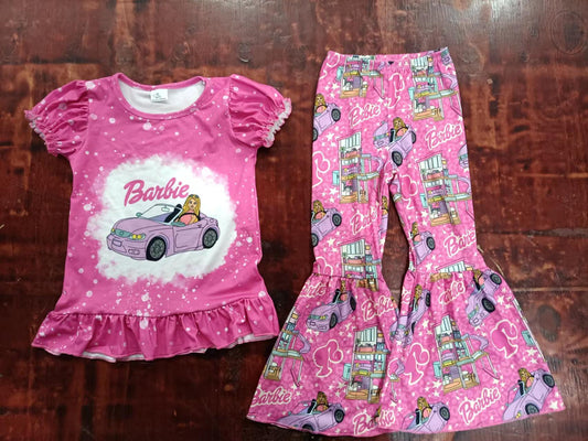 (Custom Design Preorder MOQ 5) Pink BA By Car Print Girls Bell Pants Clothes Set