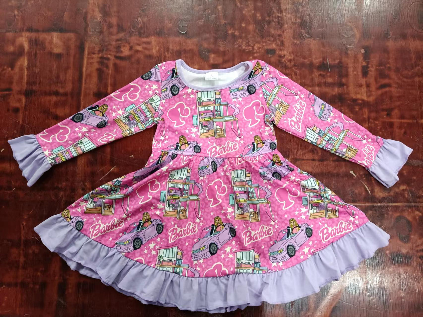 (Custom Design Preorder MOQ 5) Pink BA By Car Print Girls Knee Length Dress