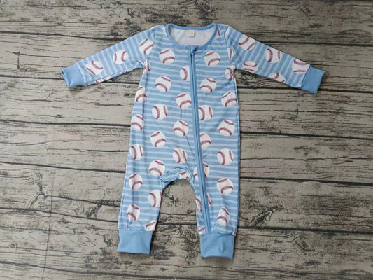 (Custom Design Preorder MOQ 5) Blue Baseball Print Baby Kids Sleeper Zipper Romper