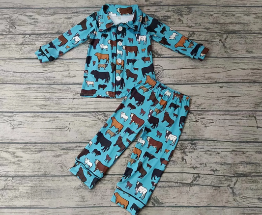 (Custom Design Preorder MOQ 5) Blue Cow Print Kids Buttons Pajamas Clothes Set