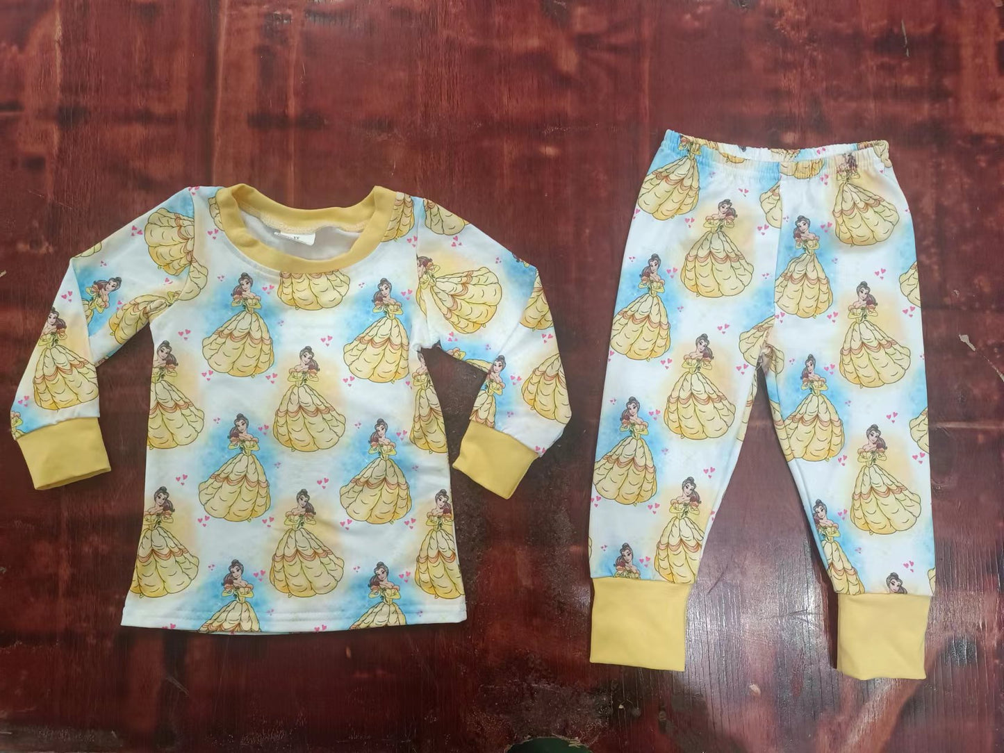 (Custom Design Preorder MOQ 5) Yellow Princess Print Girls Pajamas Clothes Set