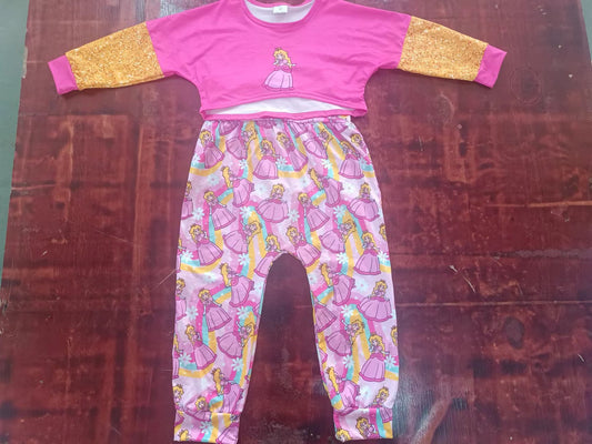 (Custom Design Preorder MOQ 5) Pink Game Princess Print Girls 2 Pieces Jumpsuit Clothes Set