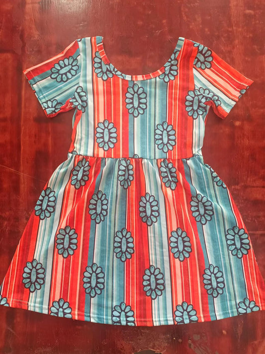 (Custom Design Preorder MOQ 5) Turquoise Print Girls Knee Length Western Dress