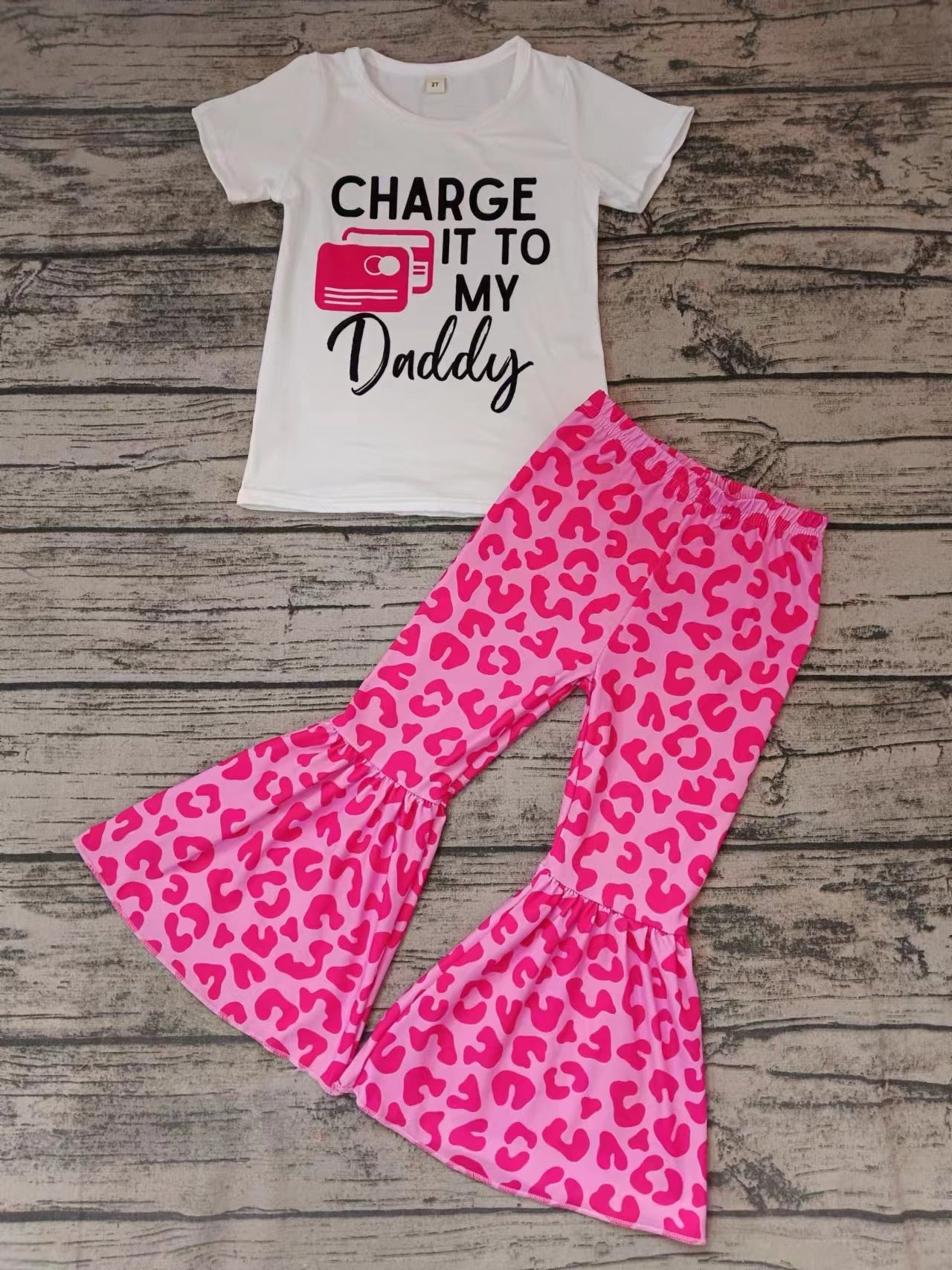 (Custom Design Preorder MOQ 5) Charge It To my Daddy Pink Leopard Print Girls Clothes Set