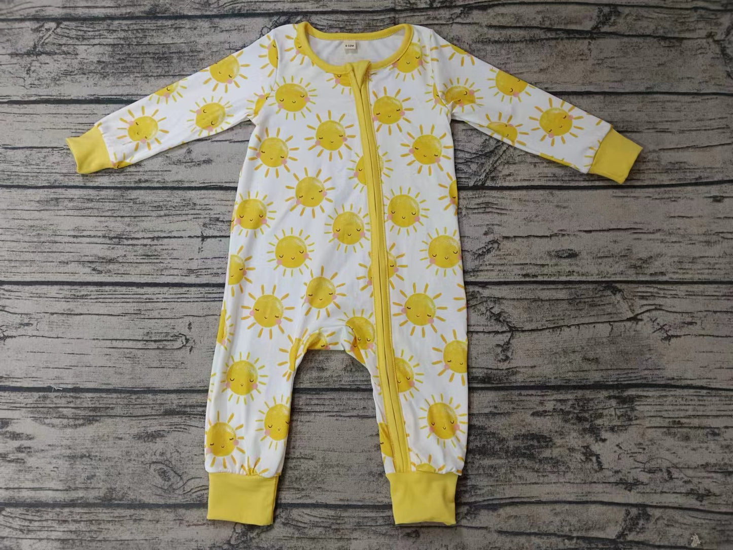 (Custom Design Preorder MOQ 5) Cute Yellow Sun Print Baby Kids Sleeper Zipper Romper