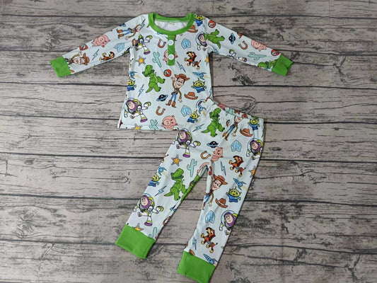 (Custom Design Preorder MOQ 5) Green Cartoon Toy Print Kids Pajamas Clothes Set