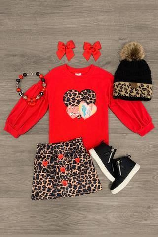 (Custom Design Preorder MOQ 5) Red Heart Top Leopard Pockets Skirts Girls Valentine's Clothes Set