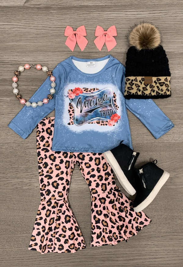 (Custom Design Preorder MOQ 5) Mama Tried Leopard Bell Pants Girls Clothes Set