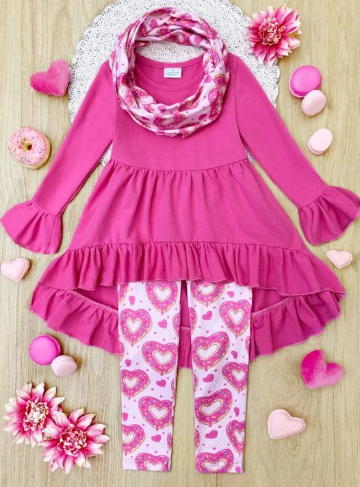 (Custom Design MOQ 5)  Hot Pink Tunic Top Heart Legging Pants Girls 3 Pieces Valentine's Clothes set