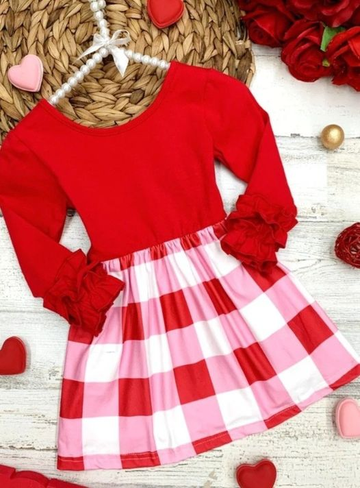 (Custom Design Preorder MOQ 5) Red Plaid Print Girls Knee Length Valentine's Dress