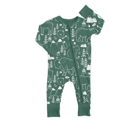 (Custom Design Preorder MOQ 5)Green Highland Cow Print Baby Boys Sleeper Zipper Romper