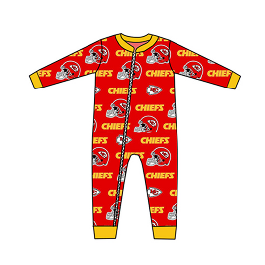 (Custom Design Preorder MOQ 5)Red Football Team's Print Baby Boys Sleeper Zipper Romper