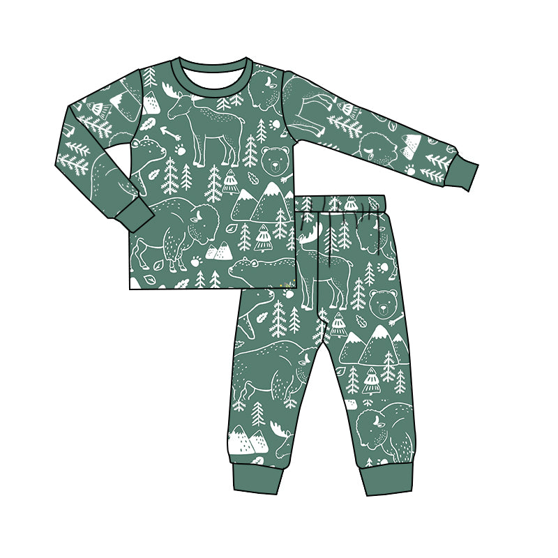 (Custom Design Preorder MOQ 5)Green Highland Cow Print Kids Pajamas Clothes Set