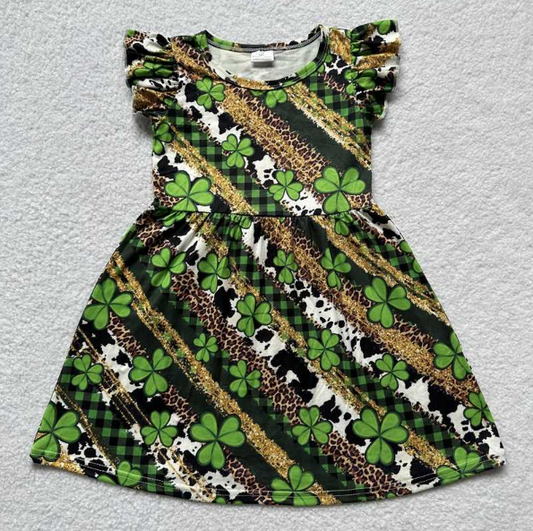 (Promotion)G3-18;'' Flutter Sleeve Green Quatrefoil Leopard St. Patrick's Dress