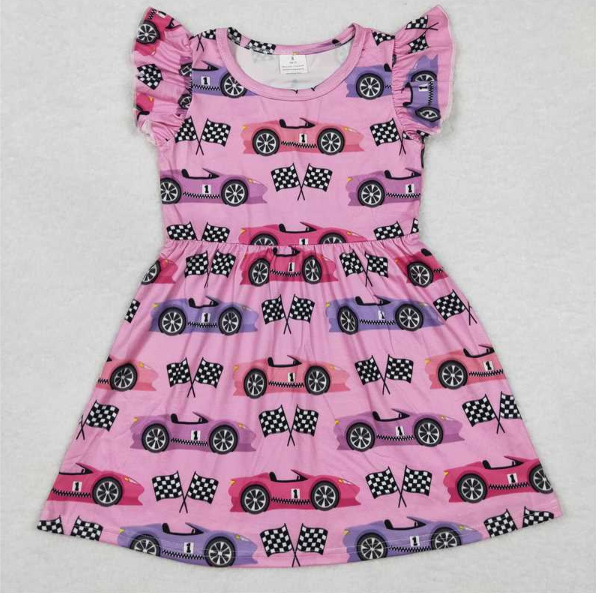 (Promotion)G2-14；. Flutter Sleeve Pink Car Print Dress