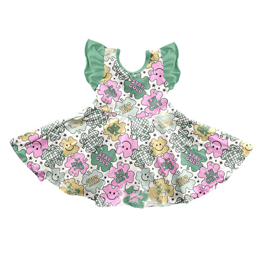 (Custom Design Preorder MOQ 5) Stay Gold Lucky Print Girls Knee Length St. Patrick's Dress