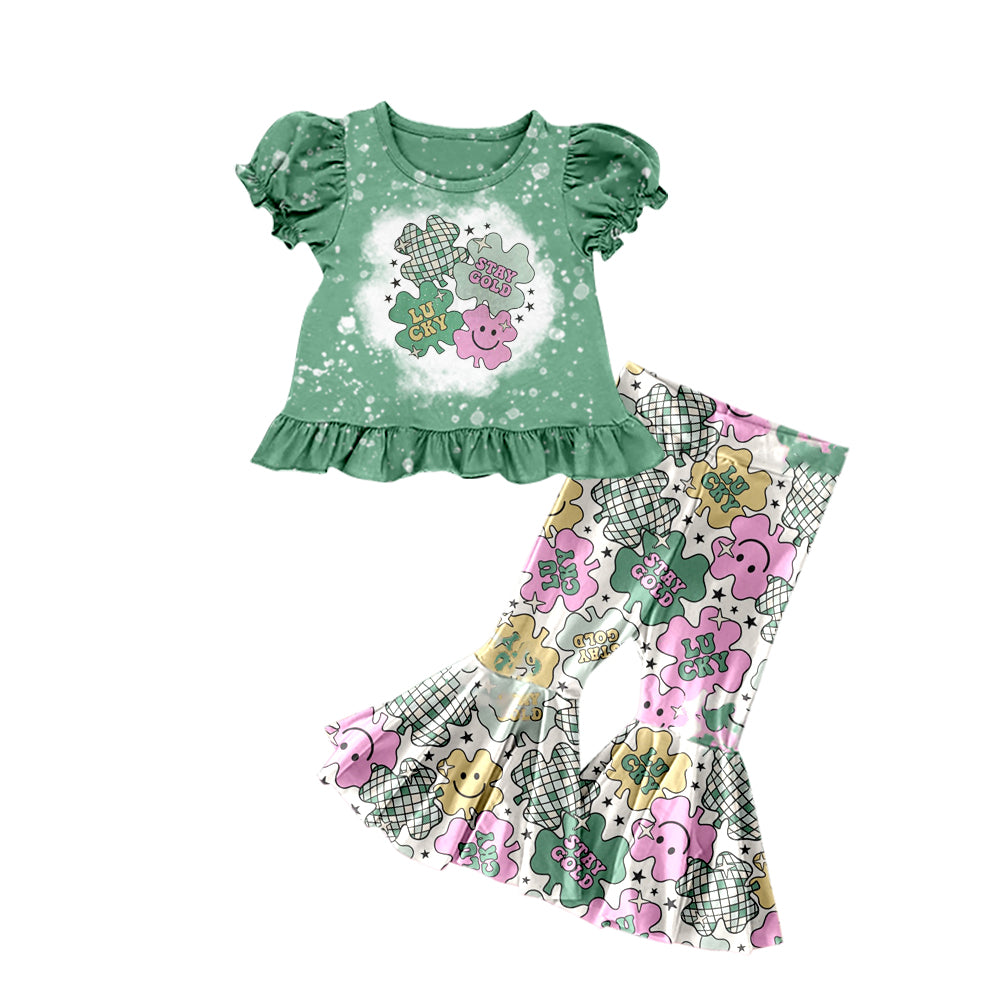 (Custom Design Preorder MOQ 5) Stay Gold Lucky Print Girls St. Patrick's Clothes Set