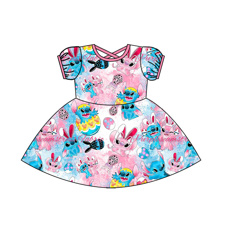 (Custom Design Preorder MOQ 5) Cartoon Animals Egg Print Girls Easter Knee Length Dress