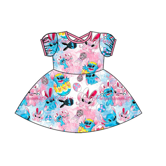 (Custom Design Preorder MOQ 5) Cartoon Animals Egg Print Girls Easter Knee Length Dress