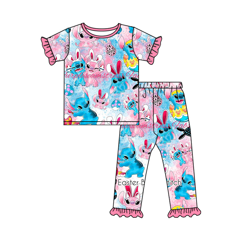 (Custom Design Preorder MOQ 5) Cartoon Animals Egg Print Girls Easter Pajamas Clothes Set