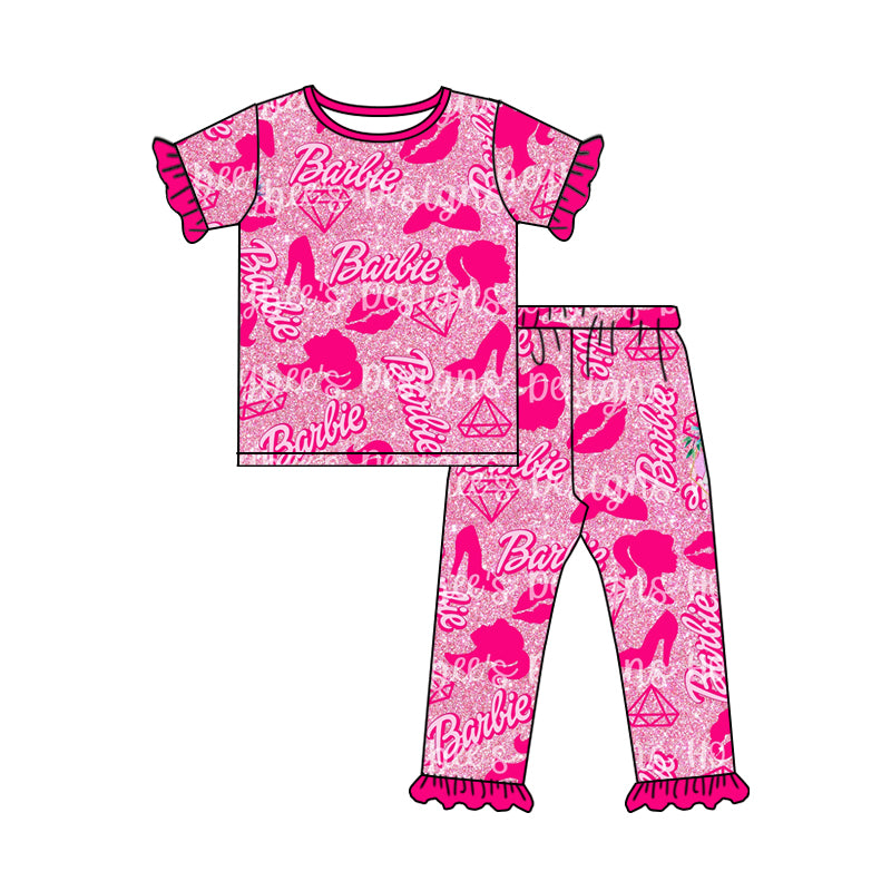 (Custom Design Preorder MOQ 5) Pink BA Print Girls Pajamas Clothes Set