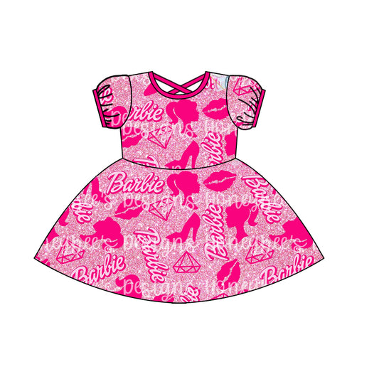 (Custom Design Preorder MOQ 5) Pink BA Print Girls Knee Length Dress