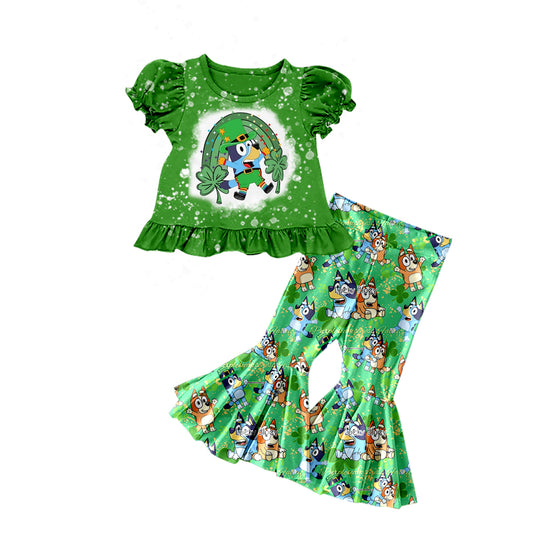 (Custom Design Preorder MOQ 5) Green Quatrefoil Cartoon Dog Print Girls St. Patrick's Clothes Set