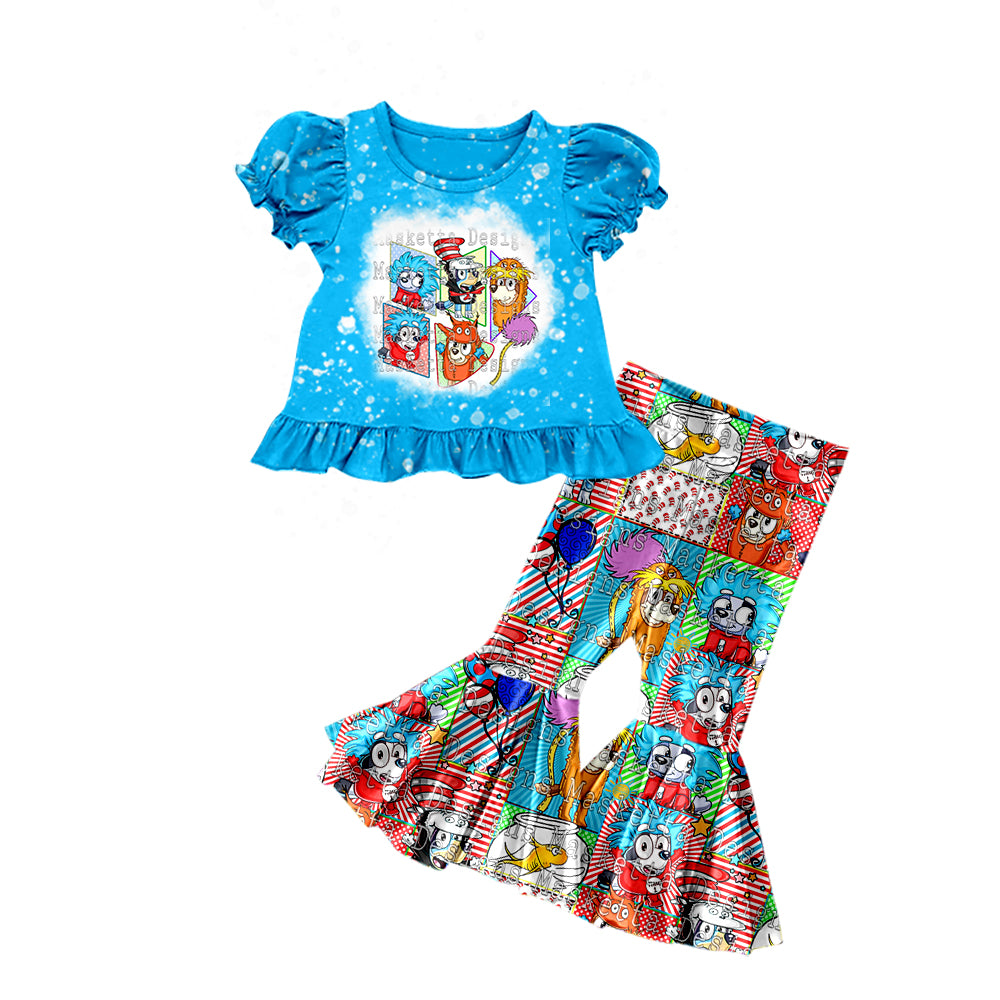 (Custom Design Preorder MOQ 5) Blue Dr.Reading Cartoon Dog Print Girls Clothes Set