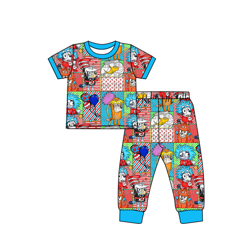 (Custom Design Preorder MOQ 5) Blue Dr.Reading Cartoon Dog Print Boys Pajamas Clothes Set