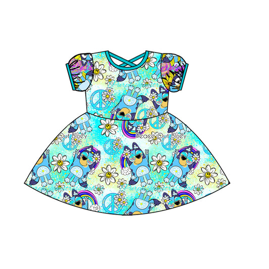 (Custom Design Preorder MOQ 5) Rainbow Flowers Cartoon Dog Print Girls Knee Length Dress