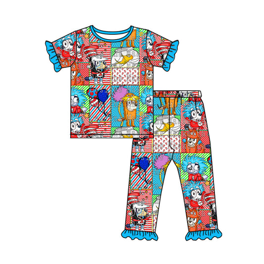 (Custom Design Preorder MOQ 5) Blue Dr.Reading Cartoon Dog Print Girls Pajamas Clothes Set