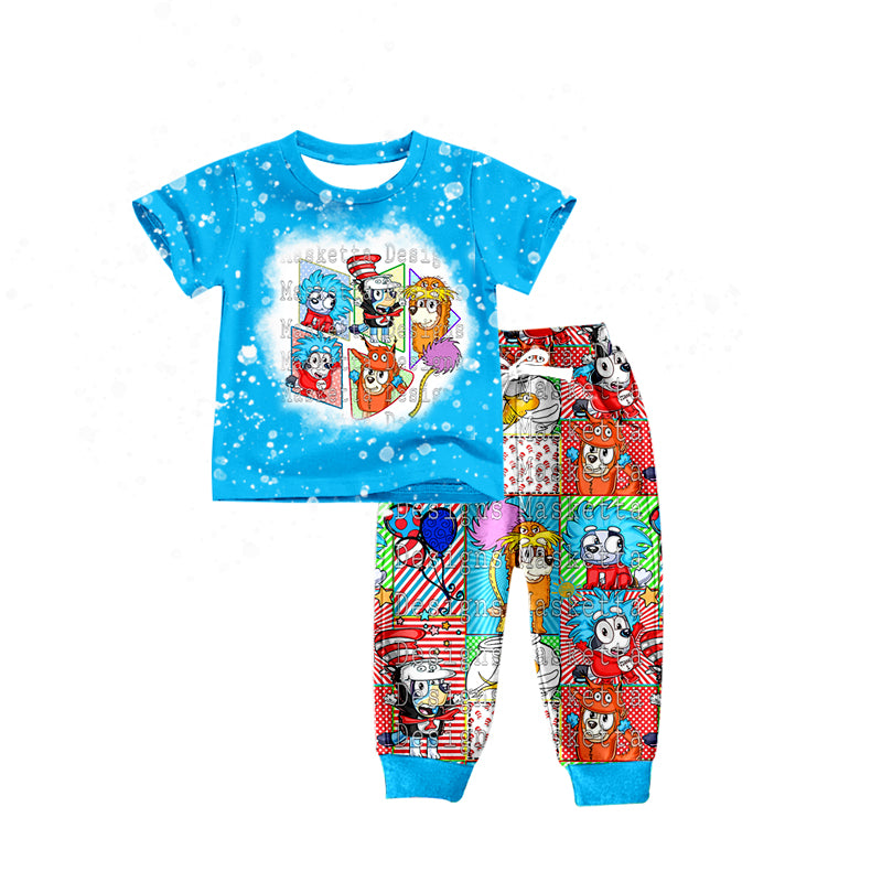 (Custom Design Preorder MOQ 5) Blue Dr.Reading Cartoon Dog Print Boys Clothes Set