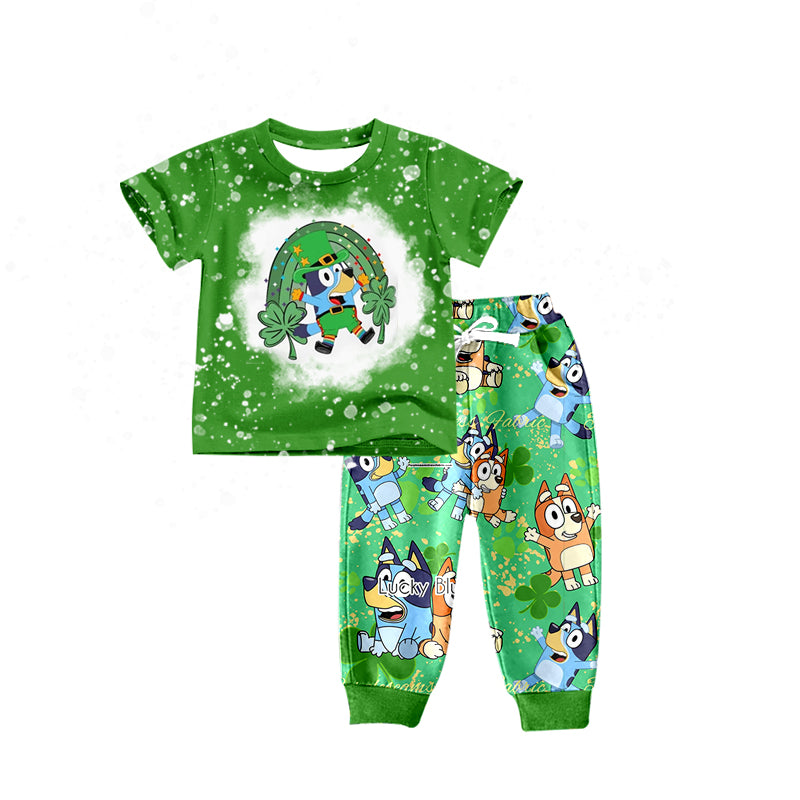 (Custom Design Preorder MOQ 5) Green Quatrefoil Cartoon Dog Print Boys St. Patrick's Clothes Set