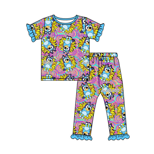 (Custom Design Preorder MOQ 5) Sunflowers Cartoon Dog Tie-dye Print Girls Pajamas Clothes Set