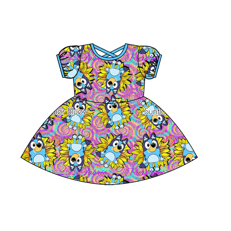 (Custom Design Preorder MOQ 5)Sunflowers Cartoon Dog Tie-dye Print Girls Knee Length Dress