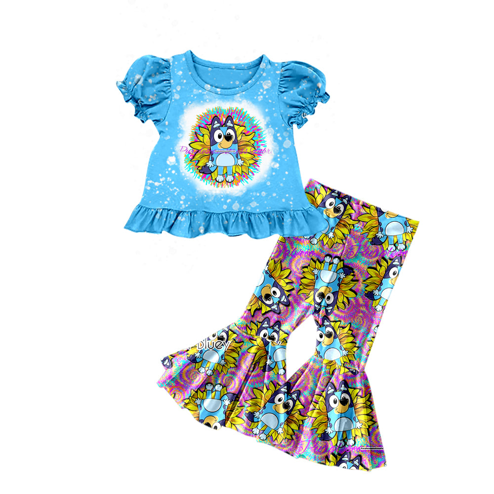 (Custom Design Preorder MOQ 5) Sunflowers Cartoon Dog Tie-dye Print Girls Clothes Set