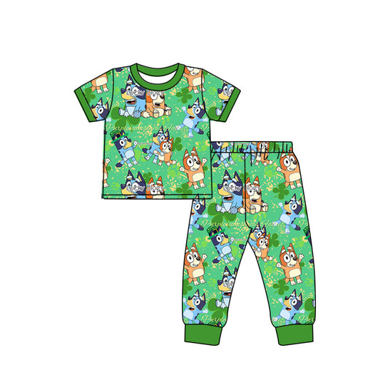 (Custom Design Preorder MOQ 5) Green Quatrefoil Cartoon Dog Print Boys Pajamas St. Patrick's Clothes Set