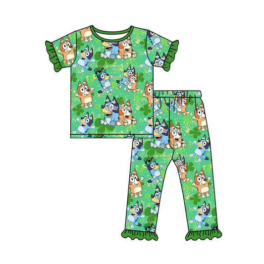 (Custom Design Preorder MOQ 5) Green Quatrefoil Cartoon Dog Print Girls Pajamas St. Patrick's Clothes Set