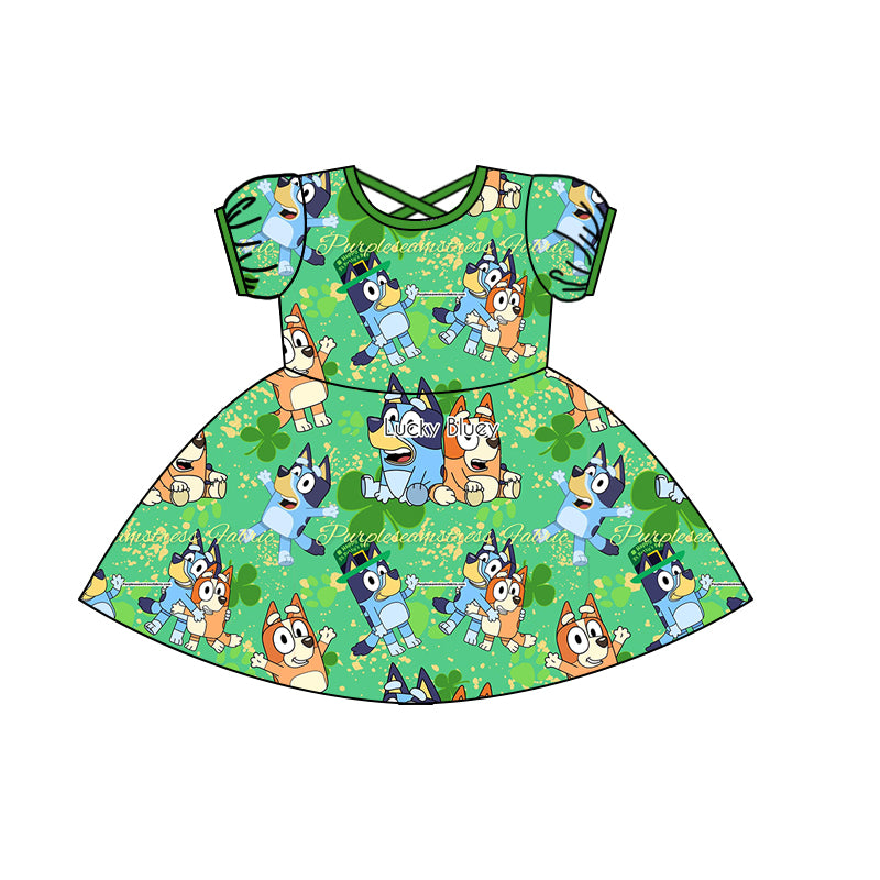 (Custom Design Preorder MOQ 5)Green Quatrefoil Cartoon Dog Print Girls Knee Length St. Patrick's Dress