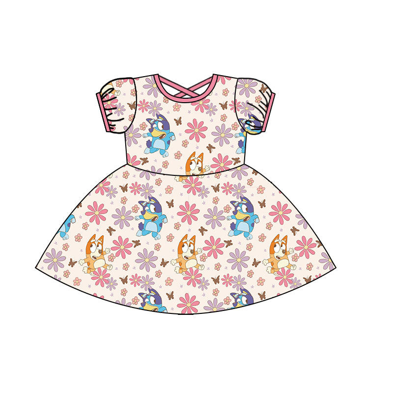 (Custom Design Preorder MOQ 5)Pink Flowers Cartoon Dog Print Girls Knee Length Dress