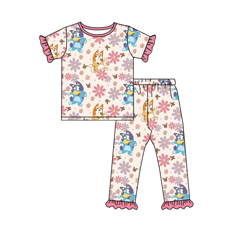 (Custom Design Preorder MOQ 5) Pink Flowers Cartoon Dog Print Girls Pajamas Clothes Set