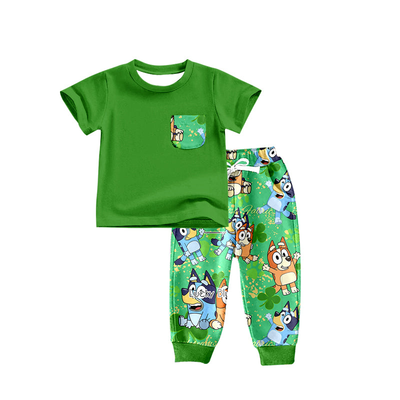 (Custom Design Preorder MOQ 5) Green Quatrefoil Cartoon Dog Print Boys St. Patrick's Clothes Set