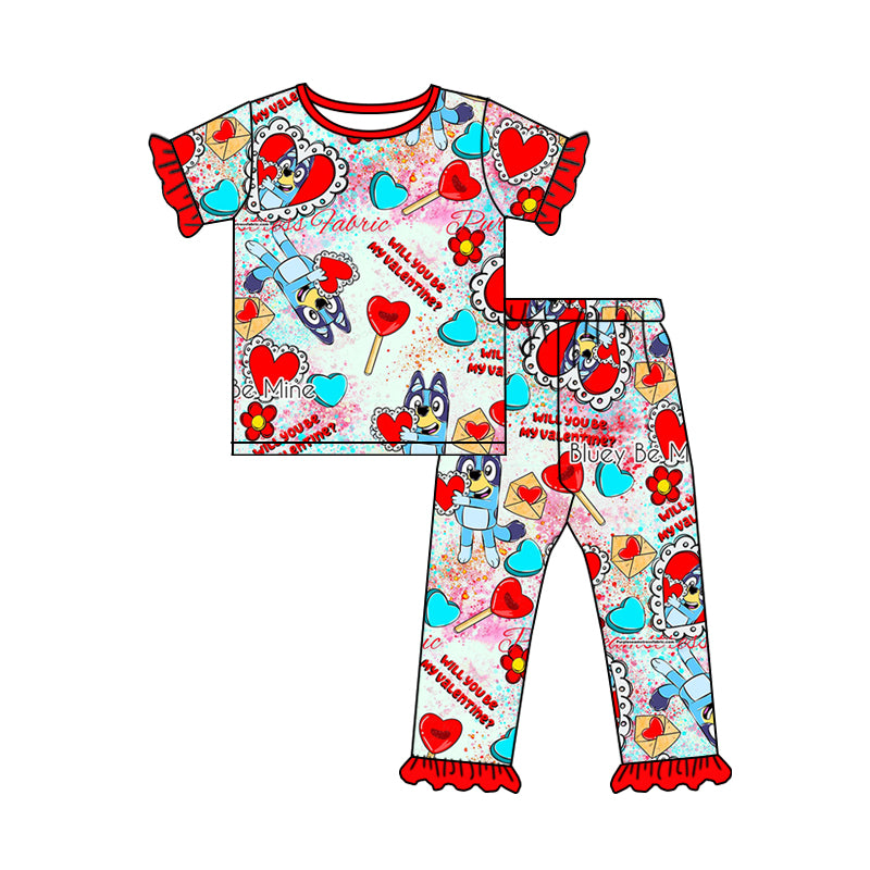 (Custom Design Preorder MOQ 5) Heart Lollipop Cartoon Dog Print Girls Pajamas Valentine's Clothes Set