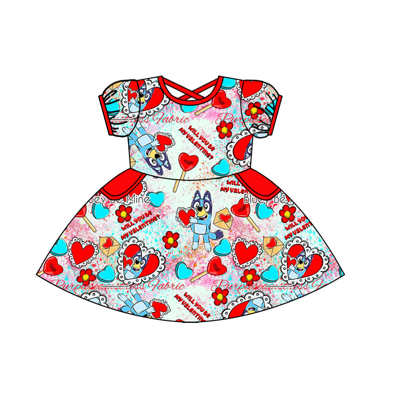 (Custom Design Preorder MOQ 5)Heart Lollipop Cartoon Dog Print Girls Knee Length Valentine's Dress