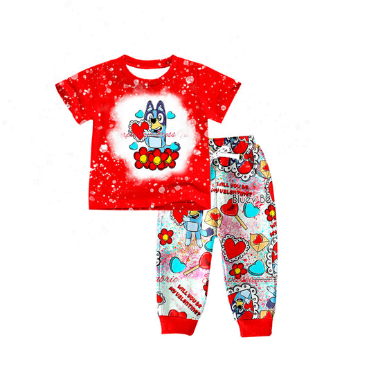 (Custom Design Preorder MOQ 5) Heart Lollipop Cartoon Dog Print Boys Valentine's Clothes Set