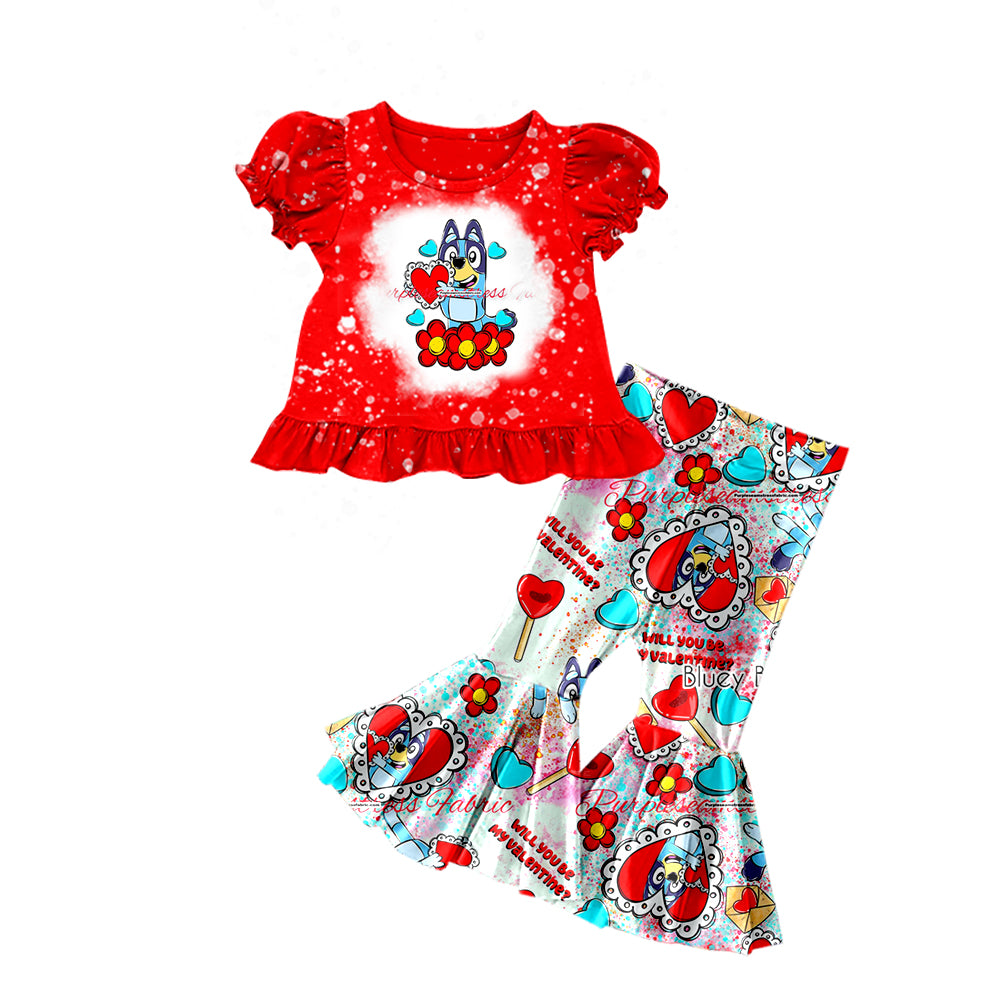 (Custom Design Preorder MOQ 5) Heart Lollipop Cartoon Dog Print Girls Valentine's Clothes Set