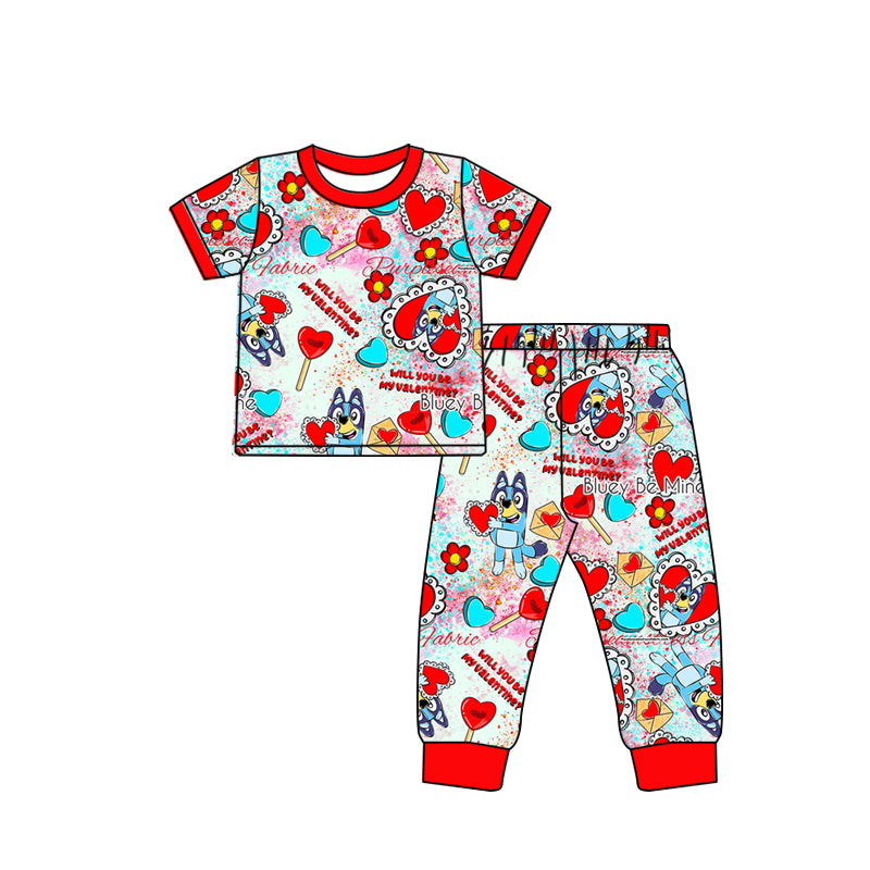 (Custom Design Preorder MOQ 5) Heart Lollipop Cartoon Dog Print Boys Pajamas Valentine's Clothes Set